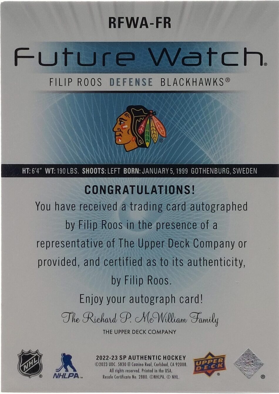 Filip Roos Signierte 2022-23 Future Watch Card