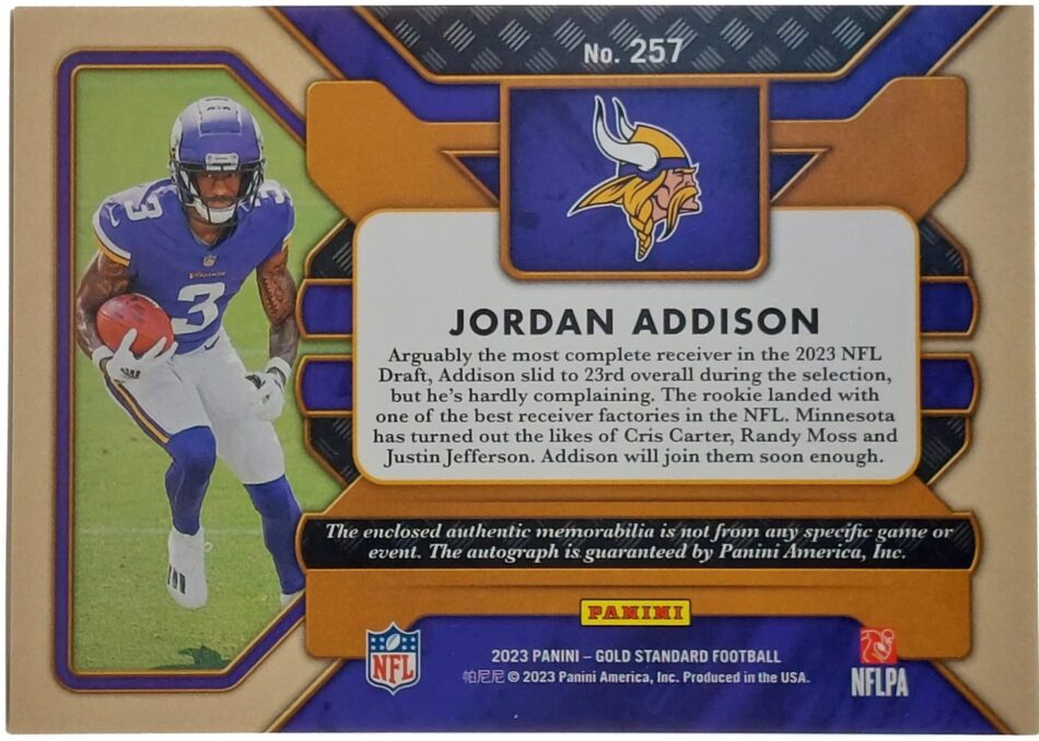 Jordan Addison Signierte 2023 Gold Standard Card