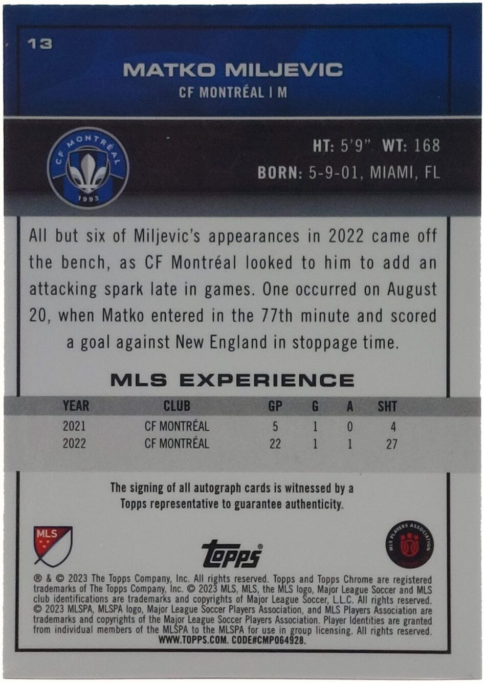 Matko Miljevic Signierte 2023 Topps Chrome Card